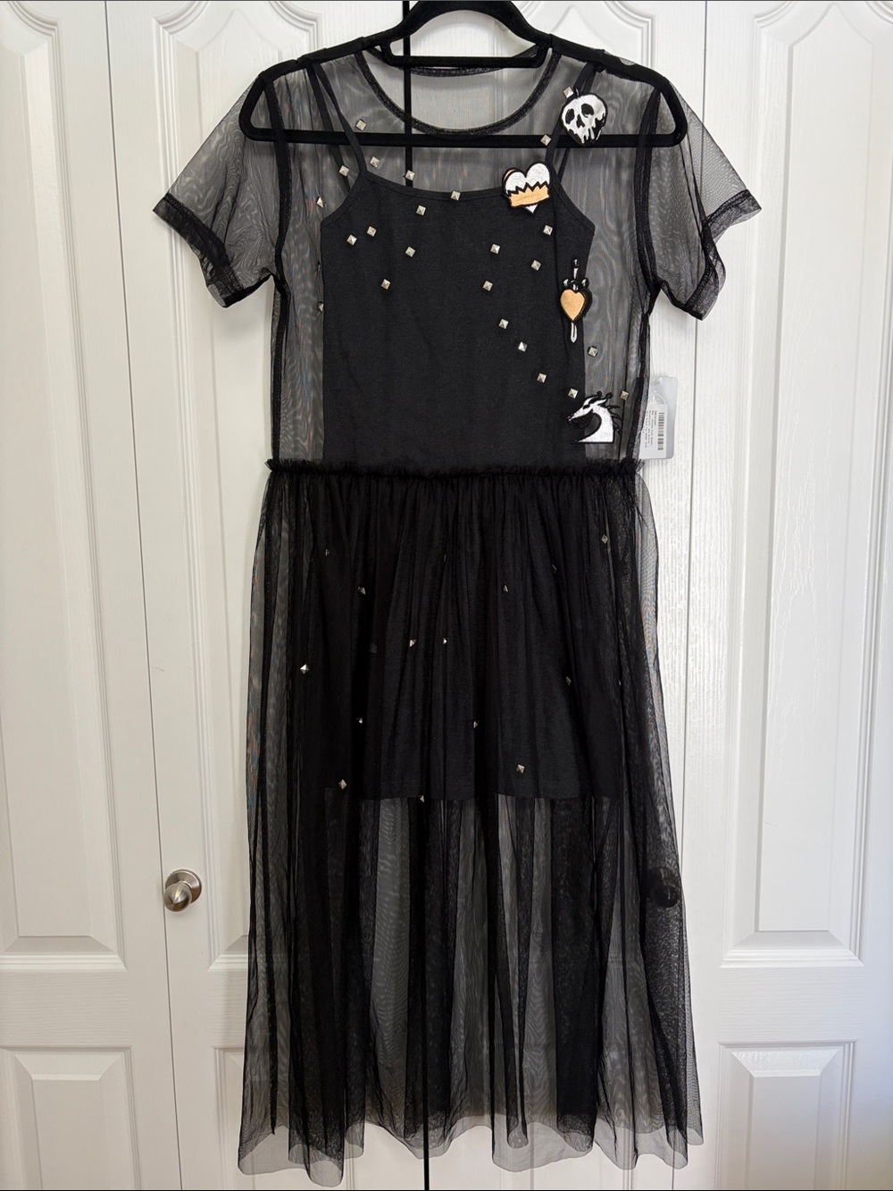Disney Villains Black Mesh Overlay Midi Dress with Embroidered Patches S NWT